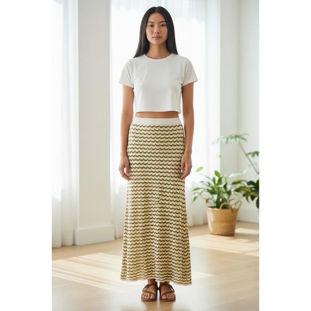Zara Womens Small Yellow Brown Metallic Chevron Knit Maxi Skirt Zig Zag Long